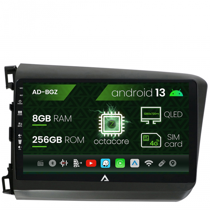 Navigatie Honda Civic (2012-2015), Android 13, Z-Octacore 8GB RAM + 256GB ROM, 9 Inch - AD-BGZ9008+AD-BGRKIT007