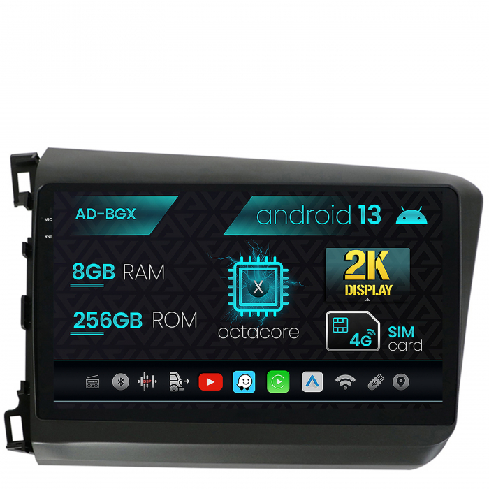 Navigatie Honda Civic (2012-2015), Android 13, X-Octacore 8GB RAM + 256GB ROM, 9.5 Inch - AD-BGX9008+AD-BGRKIT007
