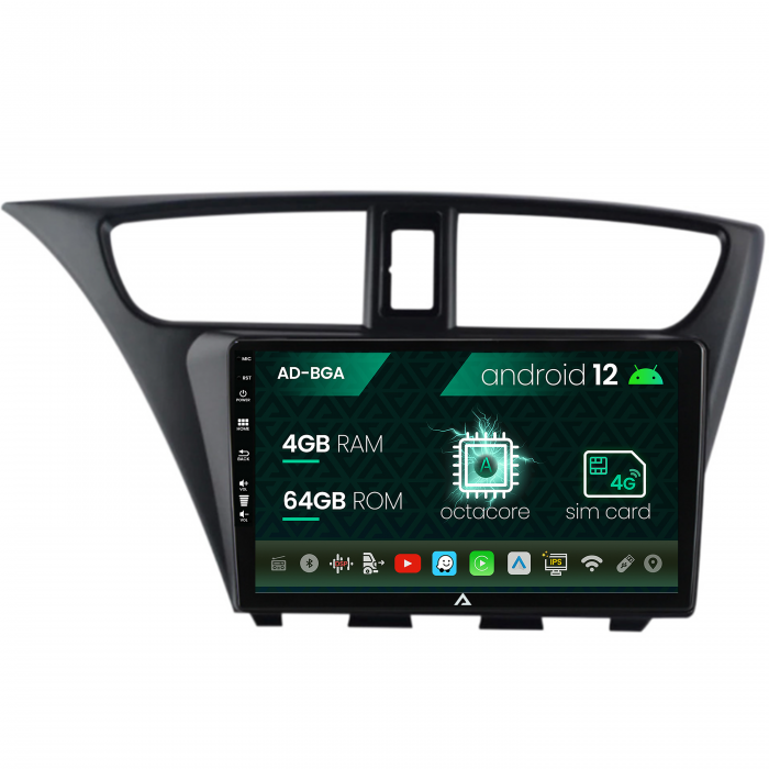 Navigatie Honda Civic Hatchback (2012-2015), Android 12, A-Octacore 4GB RAM + 64GB ROM, 9 Inch - AD-BGA9004+AD-BGRKIT019