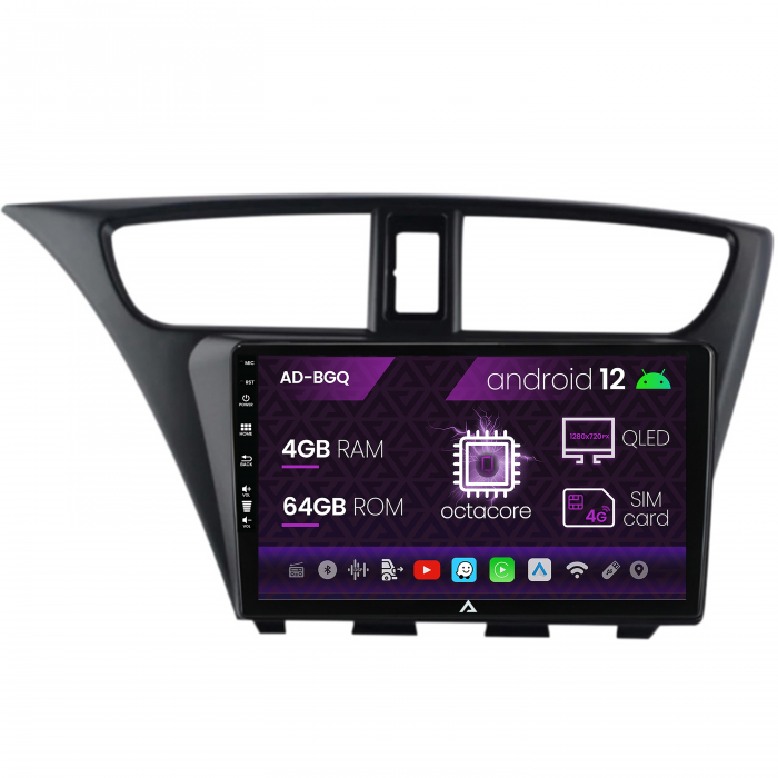 Navigatie Honda Civic Hatchback (2012-2015), Android 12, Q-Octacore 4GB RAM + 64GB ROM, 9 Inch - AD-BGQ9004+AD-BGRKIT019