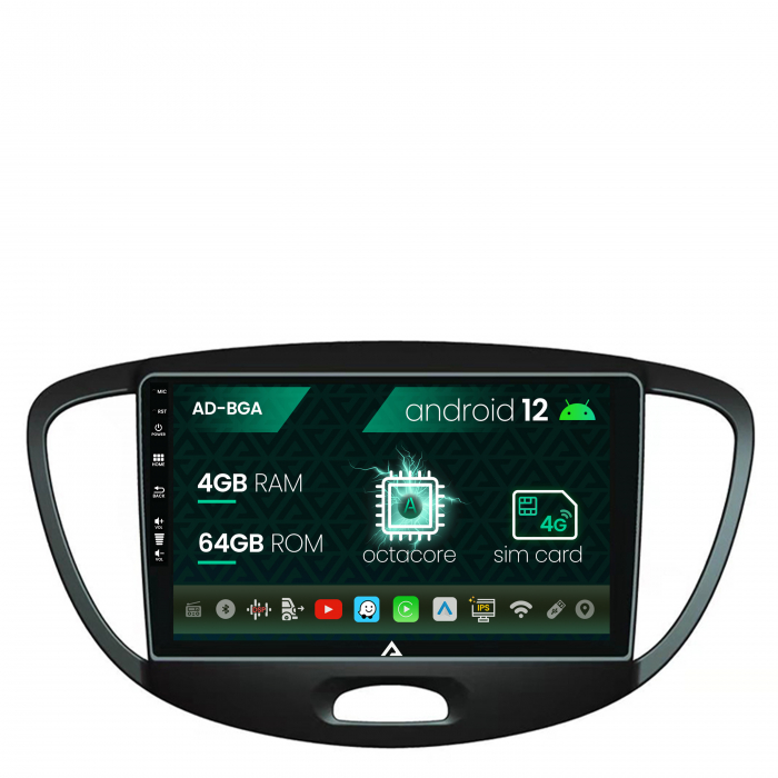 Navigatie hyundai i10 (2007-2013), android 12, a-octacore 4gb ram + 64gb rom, 9 inch - ad-bga9004+ad-bgrkit198