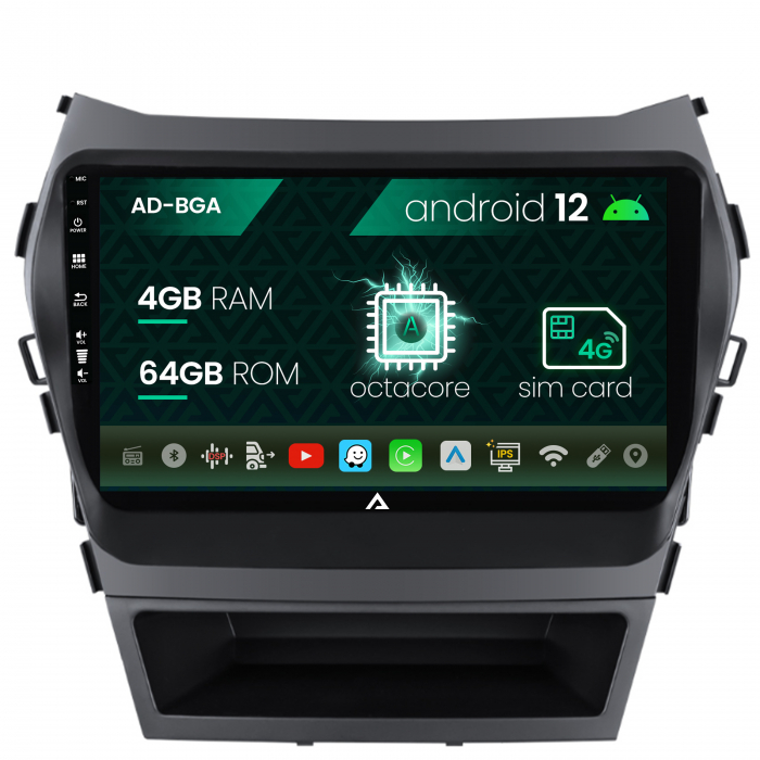 Navigatie Hyundai Santa Fe IX45 (2013-2017), Android 12, A-Octacore 4GB RAM + 64GB ROM, 9 Inch - AD-BGA9004+AD-BGRKIT182