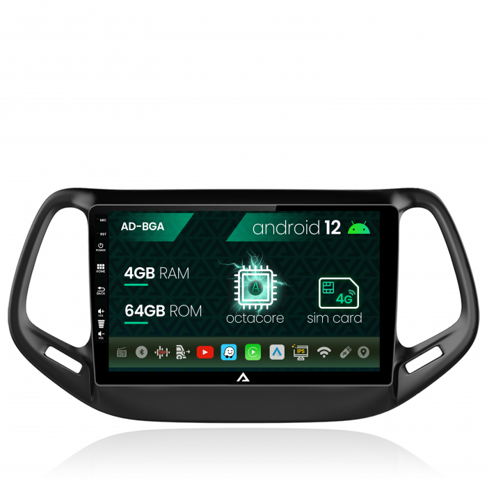 Navigatie Jeep Compass (2016+), Android 12, A-Octacore 4GB RAM + 64GB ROM, 10.1 Inch - AD-BGA10004+AD-BGRKIT287