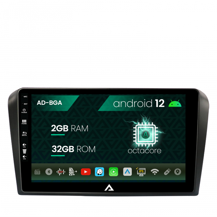 Navigatie Mazda 3 (2003-2009), Android 12, A-Octacore 2GB RAM + 32GB ROM, 9 Inch - AD-BGA9002+AD-BGRKIT322