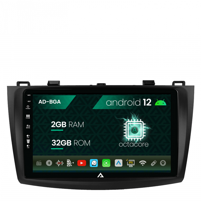 Navigatie Mazda 3 (2009-2013), Android 12, A-Octacore 2GB RAM + 32GB ROM, 9 Inch - AD-BGA9002+AD-BGRKIT320