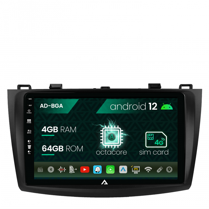 Navigatie Mazda 3 (2009-2013), Android 12, A-Octacore 4GB RAM + 64GB ROM, 9 Inch - AD-BGA9004+AD-BGRKIT320