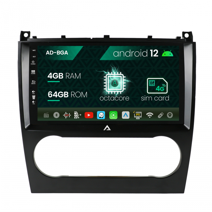 Navigatie Mercedes Benz C-Class W203 (2004-2011), Android 12, A-Octacore 4GB RAM + 64GB ROM, 9 INCH - AD-BGA9004+AD-BGRKIT414