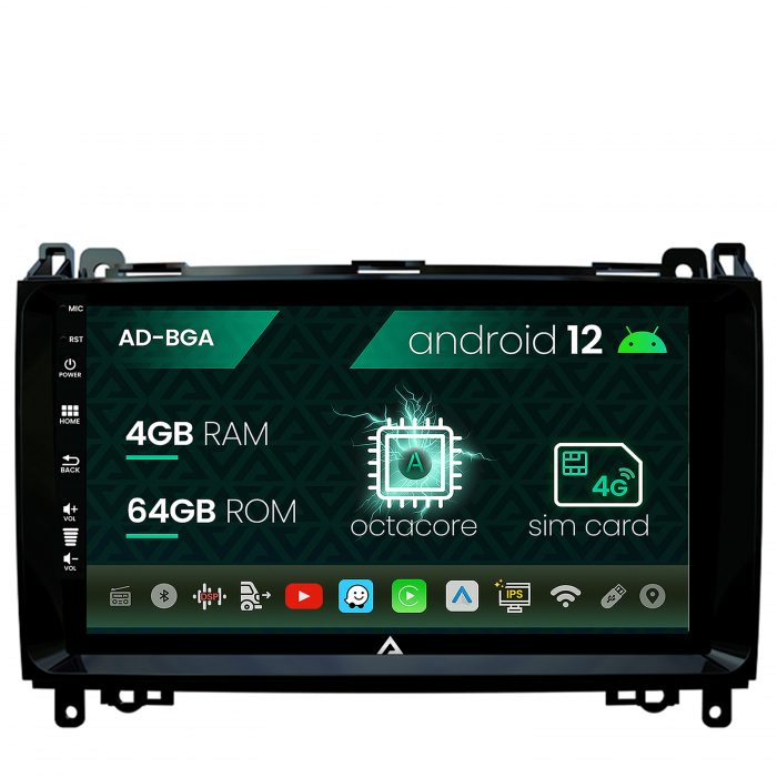 Navigatie mercedes benz sprinter, viano, vito, a b class, crafter, android 12, a-octacore 4gb ram + 64gb rom, 9 inch - ad-bga9004+ad-bgrkit407
