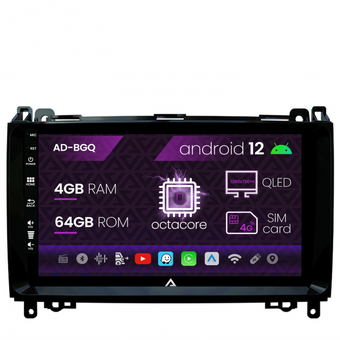 Navigatie Mercedes Benz Sprinter, Viano, Vito, A B Class, Crafter, Android 12, Q-Octacore 4GB RAM + 64GB ROM, 9 Inch - AD-BGQ9004+AD-BGRKIT407