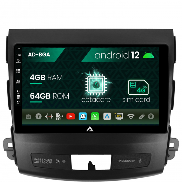 Navigatie mitstubishi outlander peugeot 4007 citroen c-crosser, android 12, a-octacore 4gb ram + 64gb rom, 9 inch - ad-bga9004+ad-bgrkit276