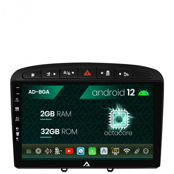 Navigatie Peugeot 308 408 (2008-2013), Android 12, A-Octacore 2GB RAM + 32GB ROM, 9 Inch - AD-BGA9002+AD-BGRKIT265