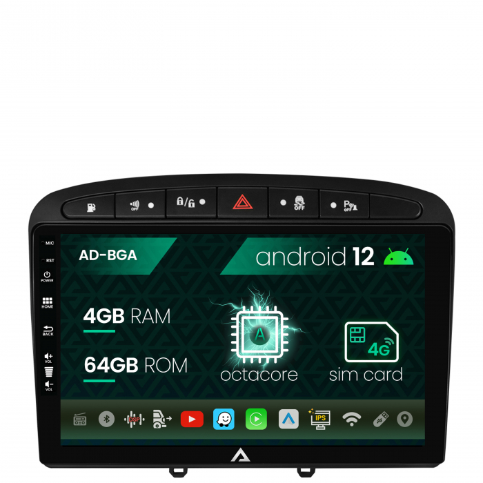Navigatie Peugeot 308 408 (2008-2013), Android 12, A-Octacore 4GB RAM + 64GB ROM, 9 Inch - AD-BGA9004+AD-BGRKIT265