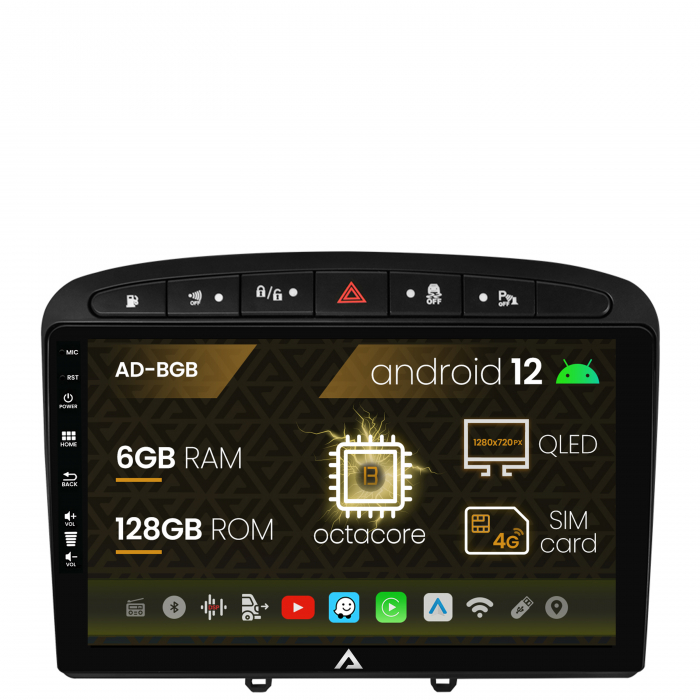 Navigatie Peugeot 308 408 (2008-2013), Android 12, B-Octacore 6GB RAM + 128GB ROM, 9 Inch - AD-BGB9006+AD-BGRKIT265
