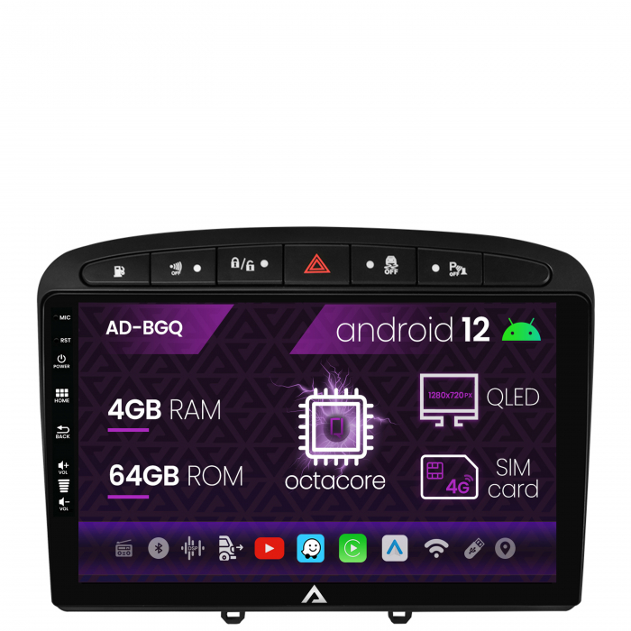 Navigatie Peugeot 308 408 (2008-2013), Android 12, Q-Octacore 4GB RAM + 64GB ROM, 9 Inch - AD-BGQ9004+AD-BGRKIT265