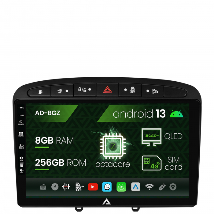 Navigatie Peugeot 308 408 (2008-2013), Android 13, Z-Octacore 8GB RAM + 256GB ROM, 9 Inch - AD-BGZ9008+AD-BGRKIT265
