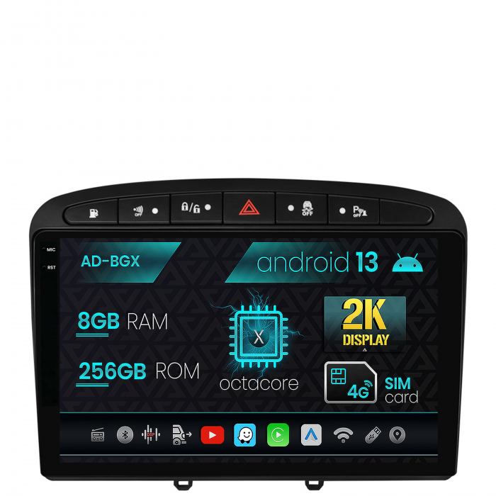 Navigatie Peugeot 308 408 (2008-2013), Android 13, X-Octacore 8GB RAM + 256GB ROM, 9.5 Inch - AD-BGX9008+AD-BGRKIT265