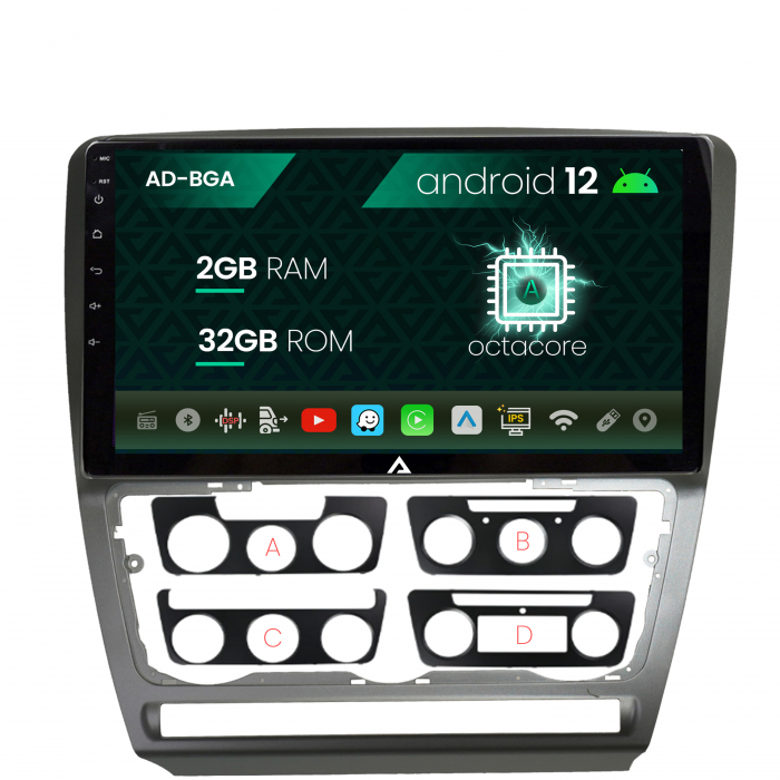 Navigatie skoda octavia 2, android 12, a-octacore 2gb ram + 32gb rom, 10.1 inch - ad-bga10002+ad-bgrkit048