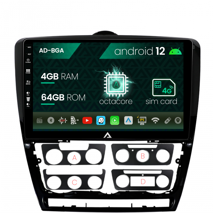 Navigatie Skoda Octavia 2, Android 12, A-Octacore 4GB RAM + 64GB ROM, 10.1 Inch - AD-BGA10004+AD-BGRKIT048v2