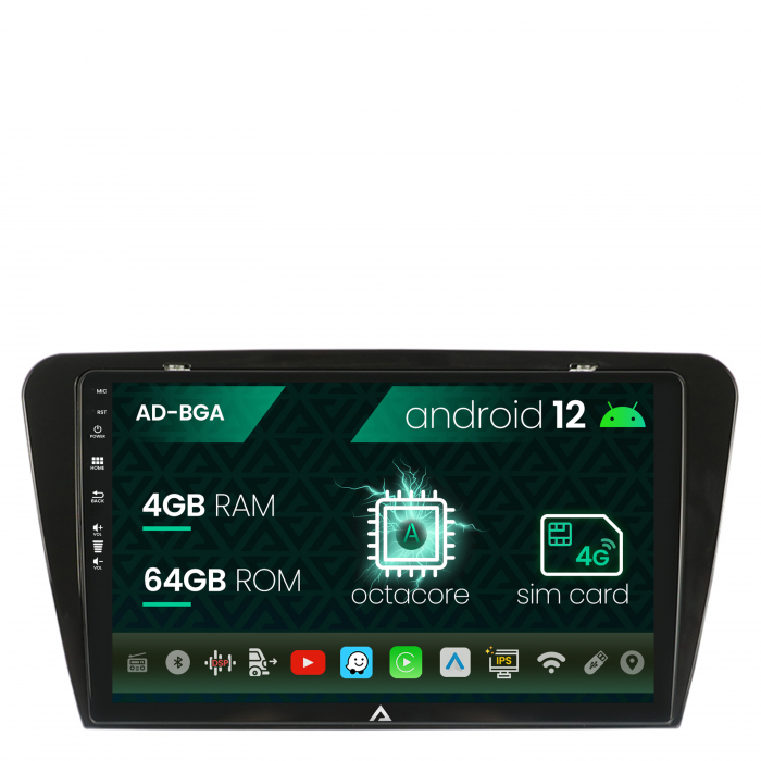 Navigatie Skoda Octavia 3 (2013-2018), Android 12, A-Octacore 4GB RAM + 64GB ROM, 10.1 Inch - AD-BGA10004+AD-BGRKIT026