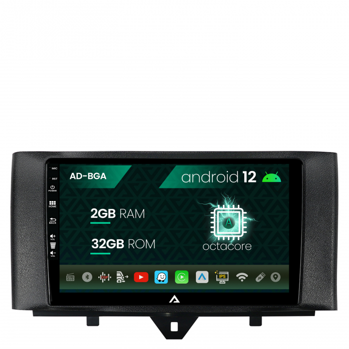Navigatie smart fortwo (2010-2015), android 12, a-octacore 2gb ram + 32gb rom, 9 inch - ad-bga9002+ad-bgrkit409