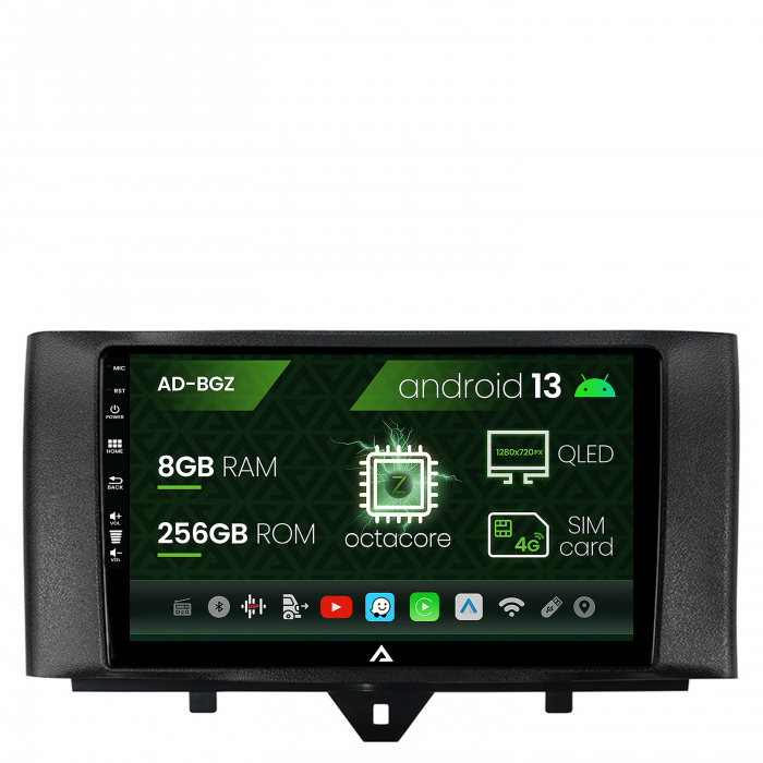 Navigatie Smart Fortwo (2010-2015), Android 13, Z-Octacore 8GB RAM + 256GB ROM, 9 Inch - AD-BGZ9008+AD-BGRKIT409
