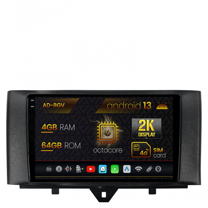 Navigatie Smart Fortwo (2010-2015), Android 13, V-Octacore 4GB RAM + 64GB ROM, 9.5 Inch - AD-BGV9004+AD-BGRKIT409