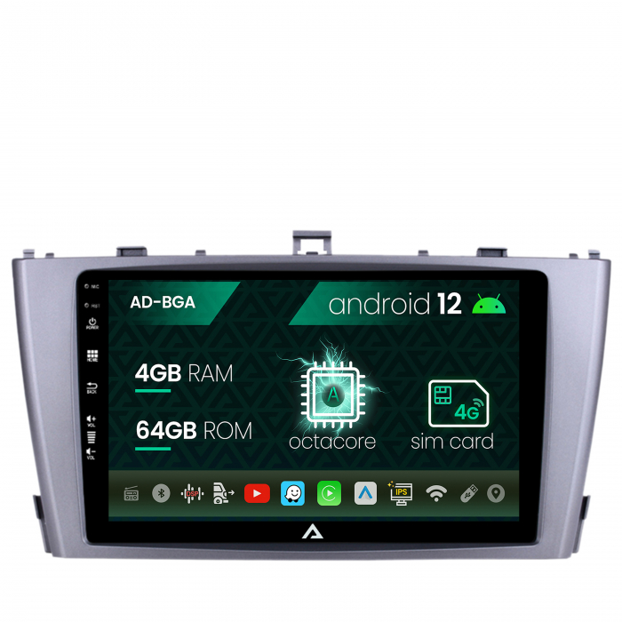 Navigatie toyota avensis (2008-2015), android 12, a-octacore 4gb ram + 64gb rom, 9 inch - ad-bga9004+ad-bgrkit093