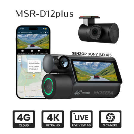 Camera auto DVR 4G MOSERA D12 PLUS, 3 camere, 4K UHD + Full HD + Full HD, Sony IMX415, GPS Tracking, WiFi 6, Night Vision IR, Cloud Live View, monitorizare parcare, aplicatie mobil + PC