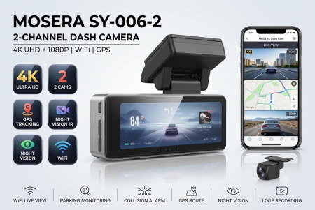 Camere Înregistrare DVR trafic - Camera auto DVR MOSERA SY-006-2 2-Channel, 4K Front, 1080P Spate, ecran 2.99", GPS, WiFi, Night Vision, G-Sensor, Loop Recording