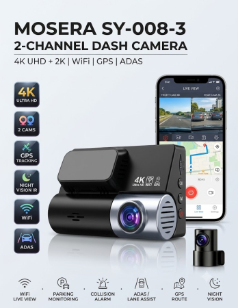 Camere Înregistrare DVR trafic - Camera auto DVR MOSERA SY-008-3 2-Channel, 4K Front, 2K Spate, ecran 3", GPS, ADAS, WiFi, Night Vision, G-Sensor, Loop Recording