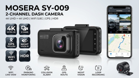 Camere Înregistrare DVR trafic - Camera auto DVR MOSERA SY-009 2-Channel, 4K Front, 4K Spate, ecran 3", GPS, HDR, WiFi, Night Vision, G-Sensor, Loop Recording