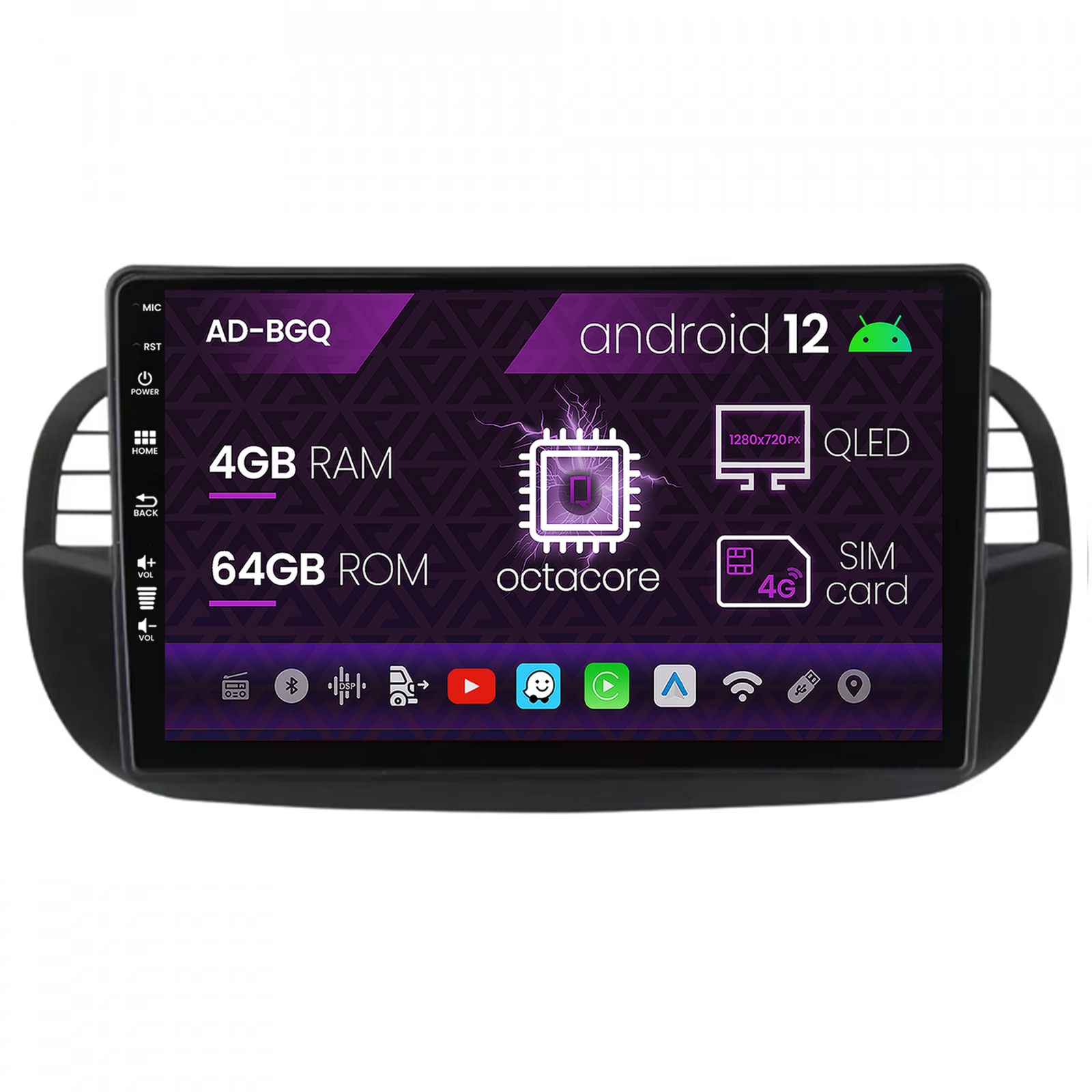 Navigatie Fiat 500 (2007-2014), Android 12, Q-Octacore   4GB RAM + 64GB ROM, 9 Inch - AD-BGQ9004+AD-BGRKIT362V3