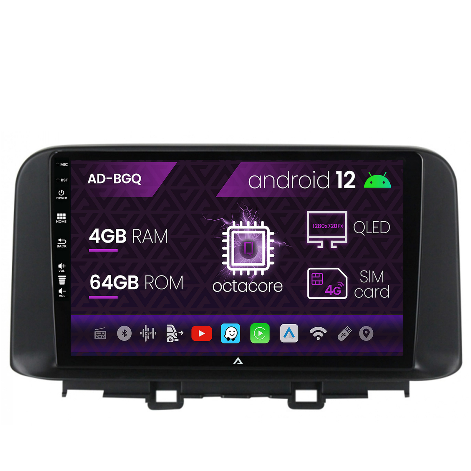 Navigatie Hyundai Kona (2018+), Android 12, Q-Octacore   4GB RAM + 64GB ROM, 10.1 Inch - AD-BGQ10004+AD-BGRKIT183V2