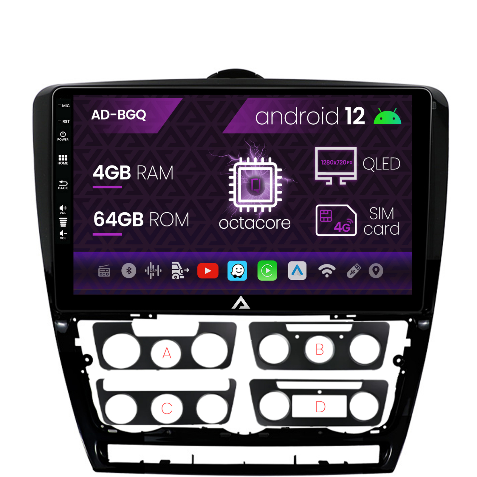 Navigatie Skoda Octavia 2, Android 12, Q-Octacore   4GB RAM + 64GB ROM, 10.1 Inch - AD-BGQ10004+AD-BGRKIT048v2