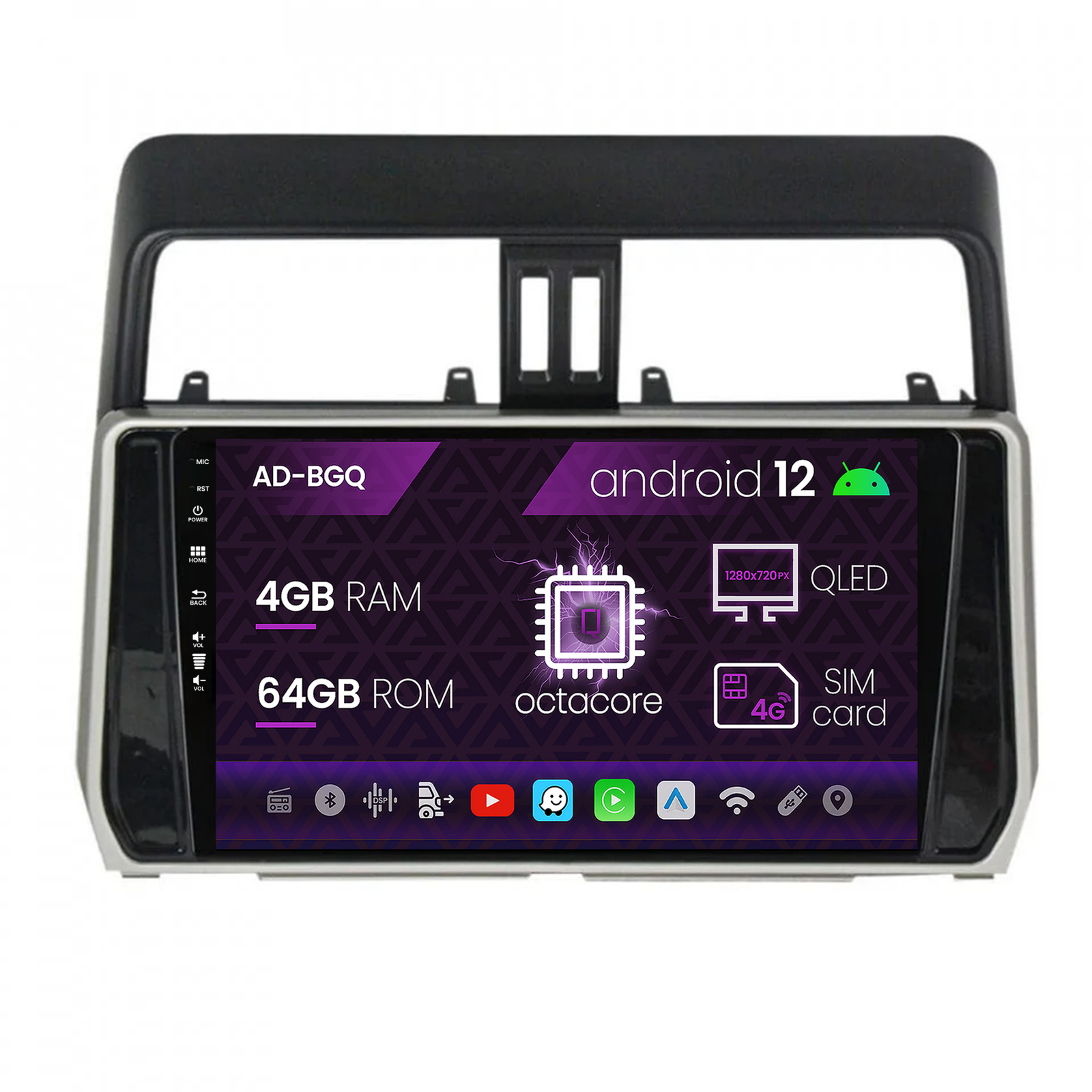 Navigatie Toyota Land Cruiser   Prado J150 (2018+), Android 12, Q-Octacore   4GB RAM + 64GB ROM, 10.1 Inch - AD-BGQ10004+AD-BGRKIT078