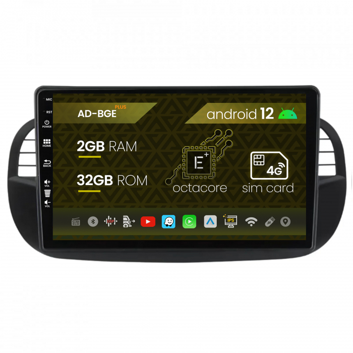 Navigatie Fiat 500 (2007-2014), Android 12, E-Octacore 2GB RAM + 32GB ROM, 9 Inch - AD-BGE9002+AD-BGRKIT362V3