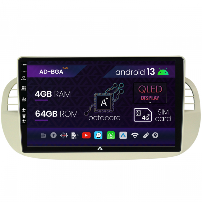 Navigatie Fiat 500 (2007-2014), Android 13, A-Octacore 4GB RAM + 64GB ROM, 9 Inch - AD-BGA9004+AD-BGRKIT362V2