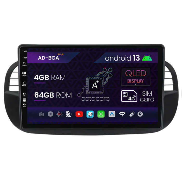 Navigatie Fiat 500 (2007-2014), Android 13, A-Octacore 4GB RAM + 64GB ROM, 9 Inch - AD-BGA9004+AD-BGRKIT362V3