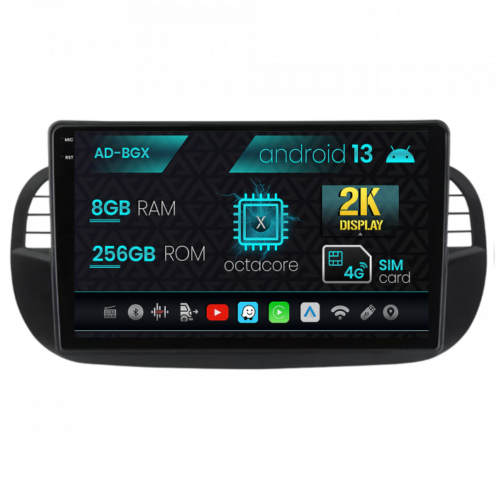 Navigatie Fiat 500 (2007-2014), Android 13, X-Octacore 8GB RAM + 256GB ROM, 9.5 Inch - AD-BGX9008+AD-BGRKIT362V3