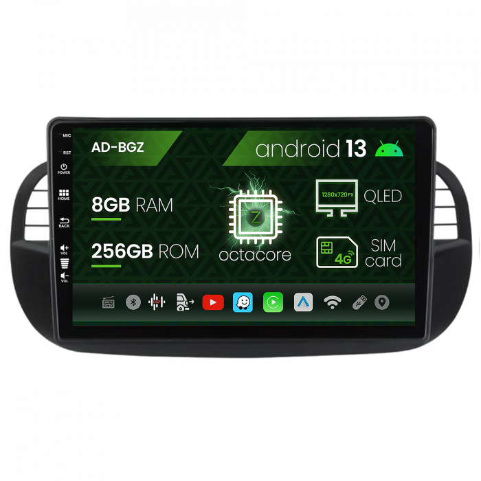 Navigatie Fiat 500 (2007-2014), Android 13, Z-Octacore 8GB RAM + 256GB ROM, 9 Inch - AD-BGZ9008+AD-BGRKIT362V3