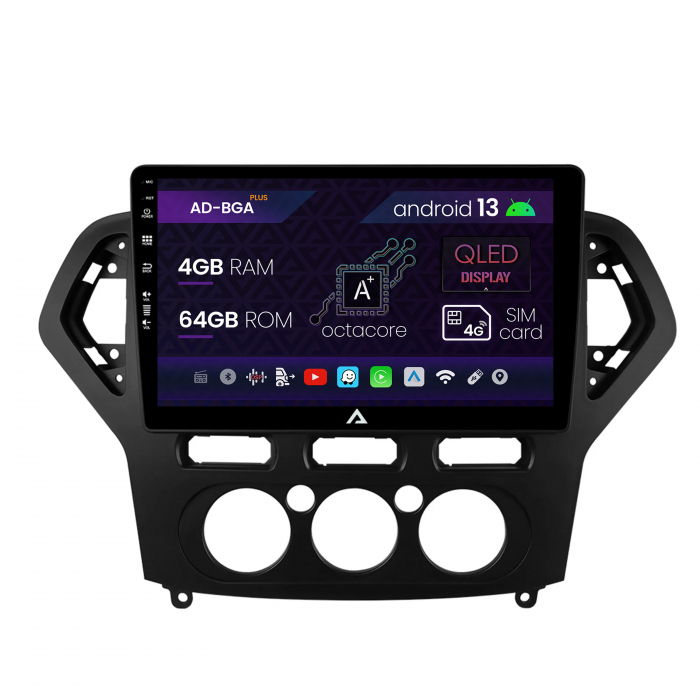 Navigatie Ford Mondeo (2007-2010) Clima Manuala, Android 13, A-Octacore   4GB RAM + 64GB ROM, 9 Inch - AD-BGA9004+AD-BGRKIT126