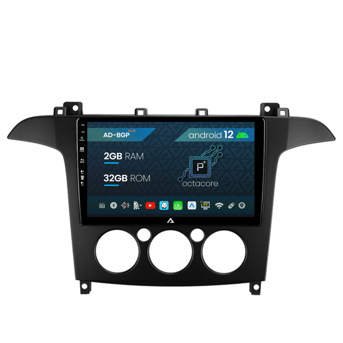 Navigatie Ford S-MAX (2006-2015) Clima Manuala, Android 12, P-Octacore   2GB RAM + 32GB ROM, 9 Inch - AD-BGP9002+AD-BGRKIT124