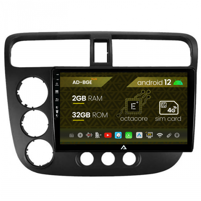 Navigatie Honda Civic (1998-2005), Android 12, E-Octacore 2GB RAM + 32GB ROM, 9 Inch - AD-BGE9002+AD-BGRKIT018