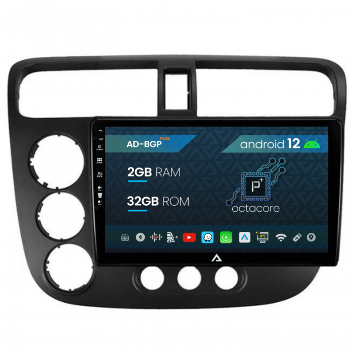 Navigatie Honda Civic (1998-2005), Android 12, P-Octacore 2GB RAM + 32GB ROM, 9 Inch - AD-BGP9002+AD-BGRKIT018