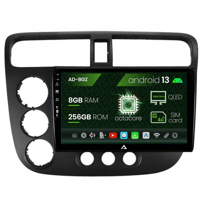 Navigatie Honda Civic (1998-2005), Android 13, Z-Octacore 8GB RAM + 256GB ROM, 9 Inch - AD-BGZ9008+AD-BGRKIT018