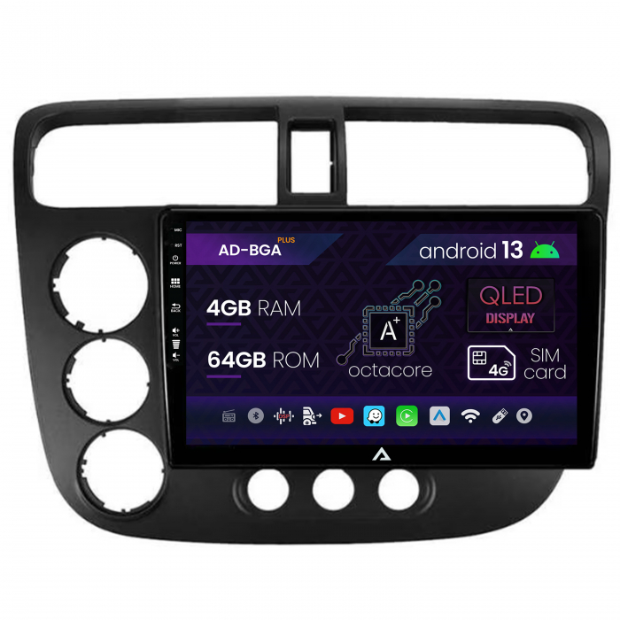 Navigatie Honda Civic (1998-2005), Android 13, A-Octacore 4GB RAM + 64GB ROM, 9 Inch - AD-BGA9004+AD-BGRKIT018