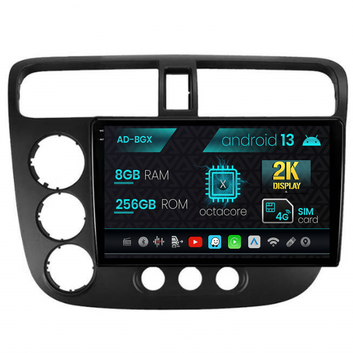 Navigatie Honda Civic (1998-2005), Android 13, X-Octacore 8GB RAM + 256GB ROM, 9.5 Inch - AD-BGX9008+AD-BGRKIT018