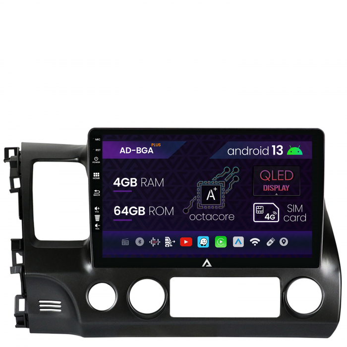 Navigatie Honda Civic (2005-2012), Android 13, A-Octacore 4GB RAM + 64GB ROM, 10.1 Inch - AD-BGA10004+AD-BGRKIT008