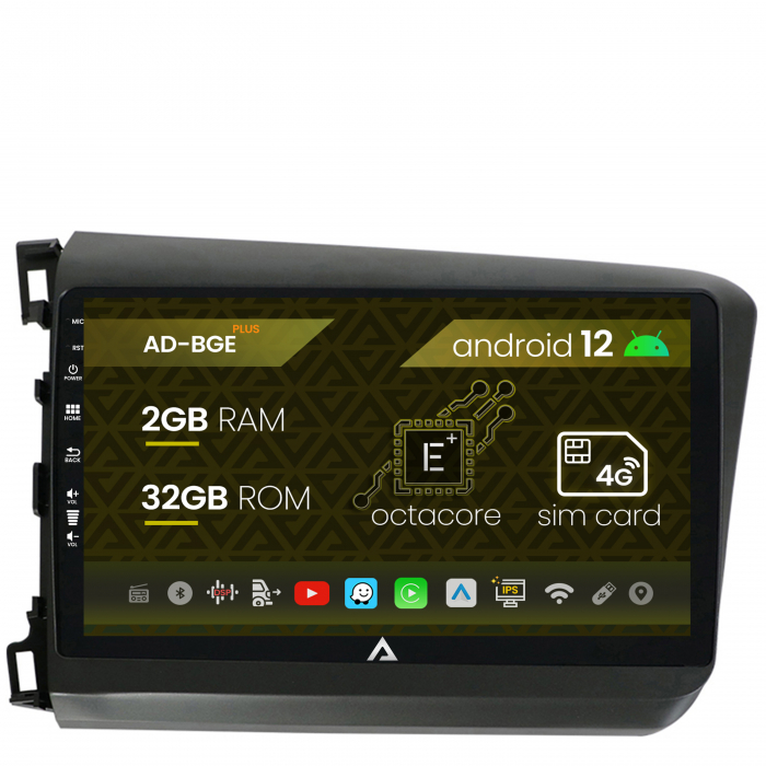 Navigatie Honda Civic (2012-2015), Android 12, E-Octacore 2GB RAM + 32GB ROM, 9 Inch - AD-BGE9002+AD-BGRKIT007