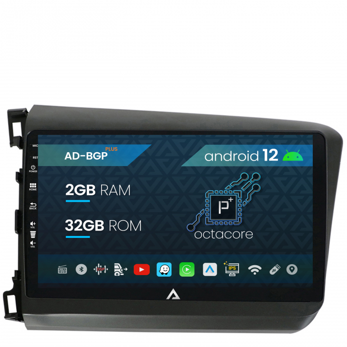 Navigatie Honda Civic (2012-2015), Android 12, P-Octacore 2GB RAM + 32GB ROM, 9 Inch - AD-BGP9002+AD-BGRKIT007